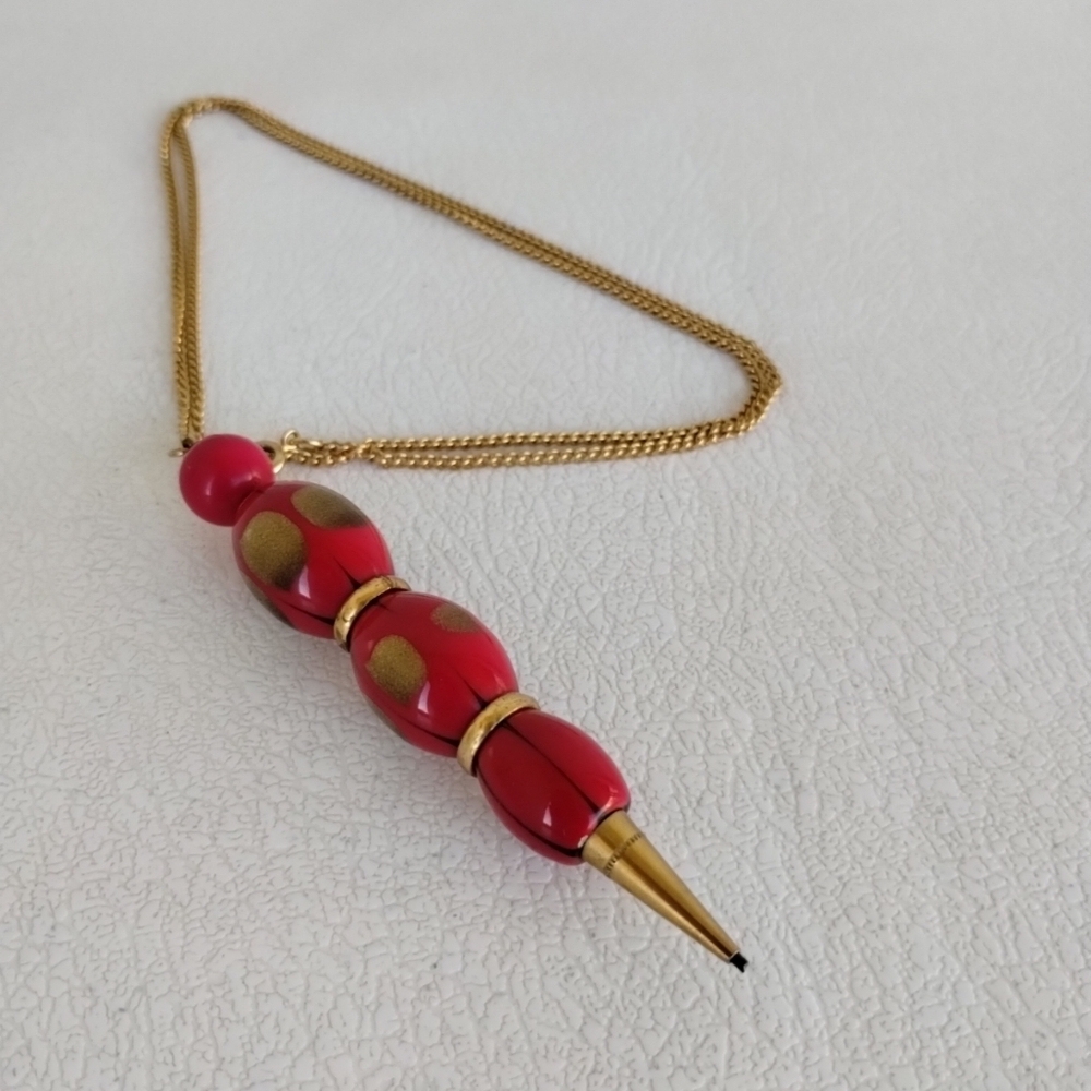 Vtg Pendant Pen Red & Goldtone Bead Retractable Graphite Lead on Goldtone Chain